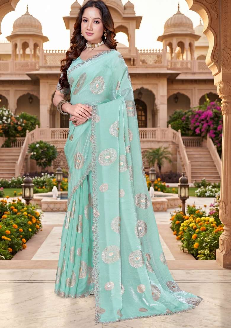Sky Blue Silk Blend Saree Set with Hand Work for Diwali | Wedding & Festive Wear - Indya
