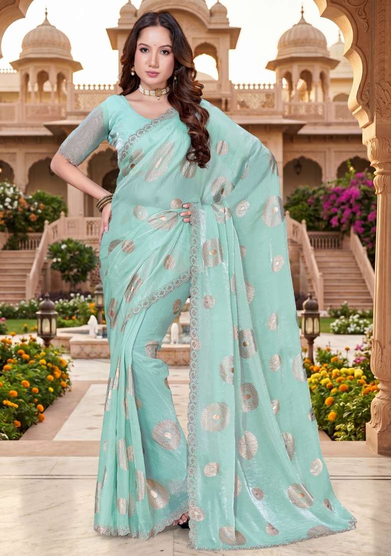 Sky Blue Silk Blend Saree Set with Hand Work for Diwali | Wedding & Festive Wear - Indya