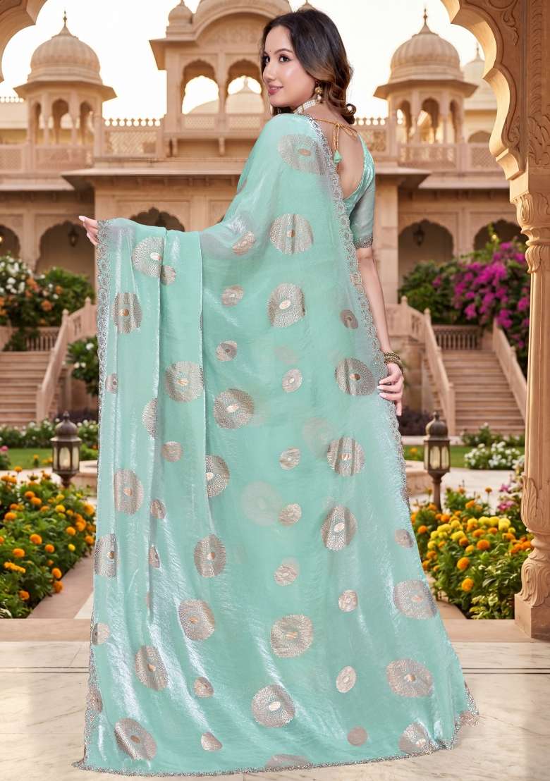 Sky Blue Silk Blend Saree Set with Hand Work for Diwali | Wedding & Festive Wear - Indya
