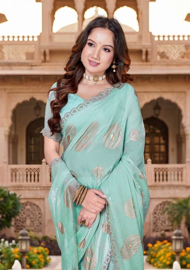 Sky Blue Silk Blend Saree Set with Hand Work for Diwali | Wedding & Festive Wear - Indya