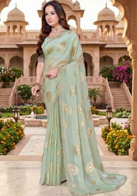 Dusty Pista Green Hand Work Silk Blend Saree Set for Diwali and Festive Wear