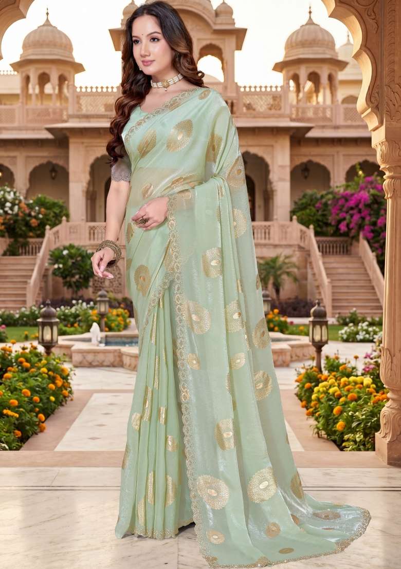 Dusty Pista Green Hand Work Silk Blend Saree Set for Diwali and Festive Wear - Indya