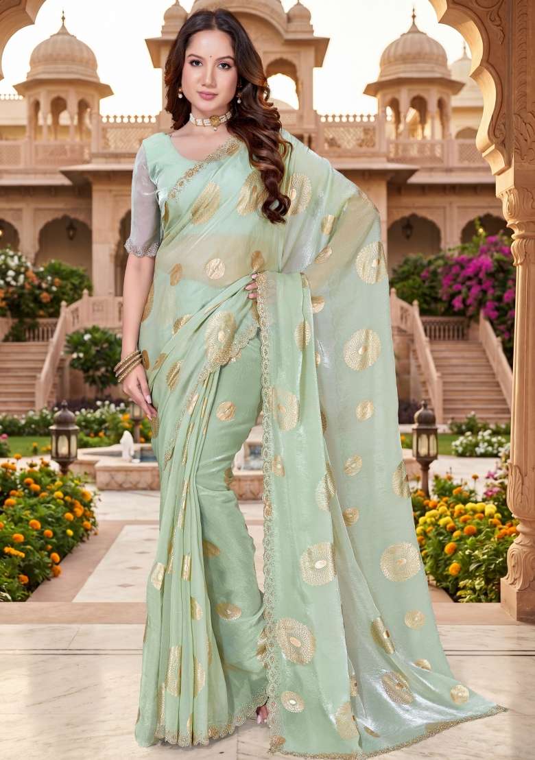 Dusty Pista Green Hand Work Silk Blend Saree Set for Diwali and Festive Wear - Indya