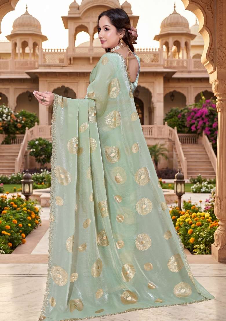 Dusty Pista Green Hand Work Silk Blend Saree Set for Diwali and Festive Wear - Indya