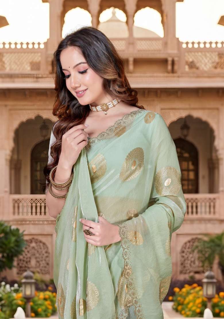 Dusty Pista Green Hand Work Silk Blend Saree Set for Diwali and Festive Wear - Indya