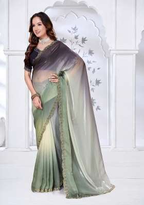 Pista Green and Black Hand Work Silk Blend Saree Set for Diwali and Festive Wear