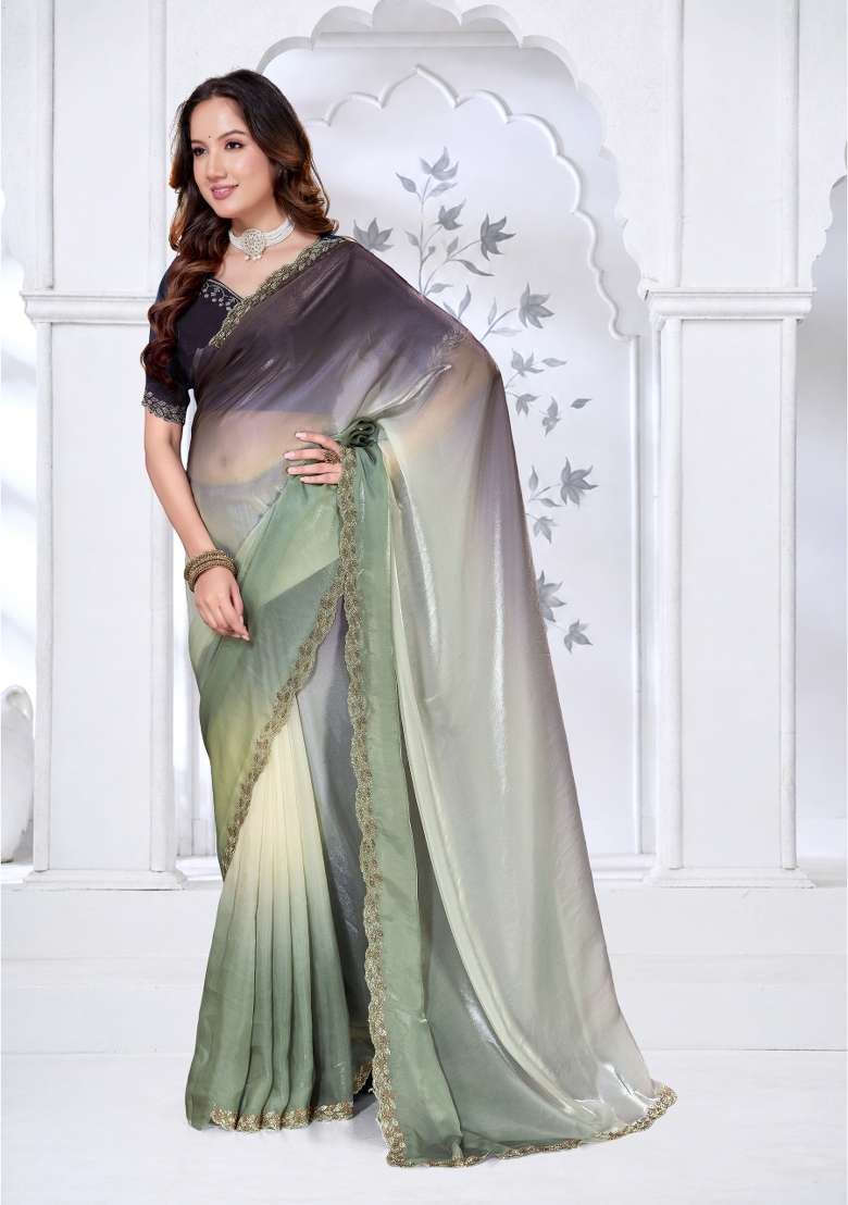 Pista Green and Black Hand Work Silk Blend Saree Set for Diwali and Festive Wear - Indya