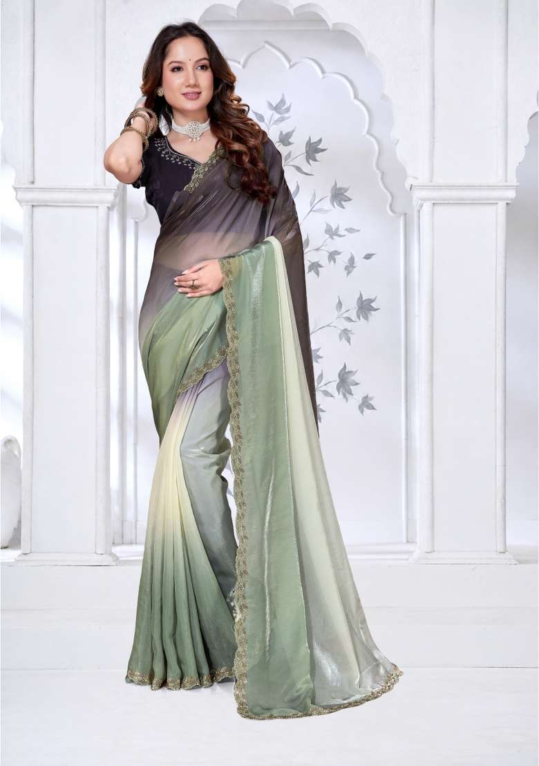 Pista Green and Black Hand Work Silk Blend Saree Set for Diwali and Festive Wear - Indya