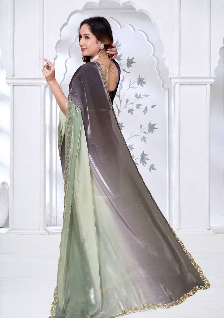 Pista Green and Black Hand Work Silk Blend Saree Set for Diwali and Festive Wear - Indya