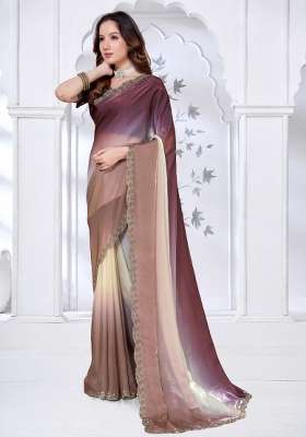 Brown and Wine Silk Blend Saree Set with Hand Work for Diwali | Wedding & Festive Wear