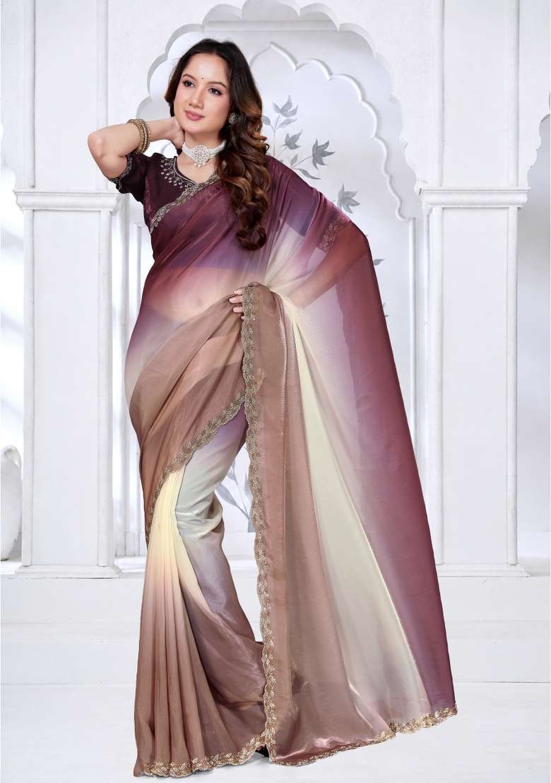 Brown and Wine Silk Blend Saree Set with Hand Work for Diwali | Wedding & Festive Wear - Indya