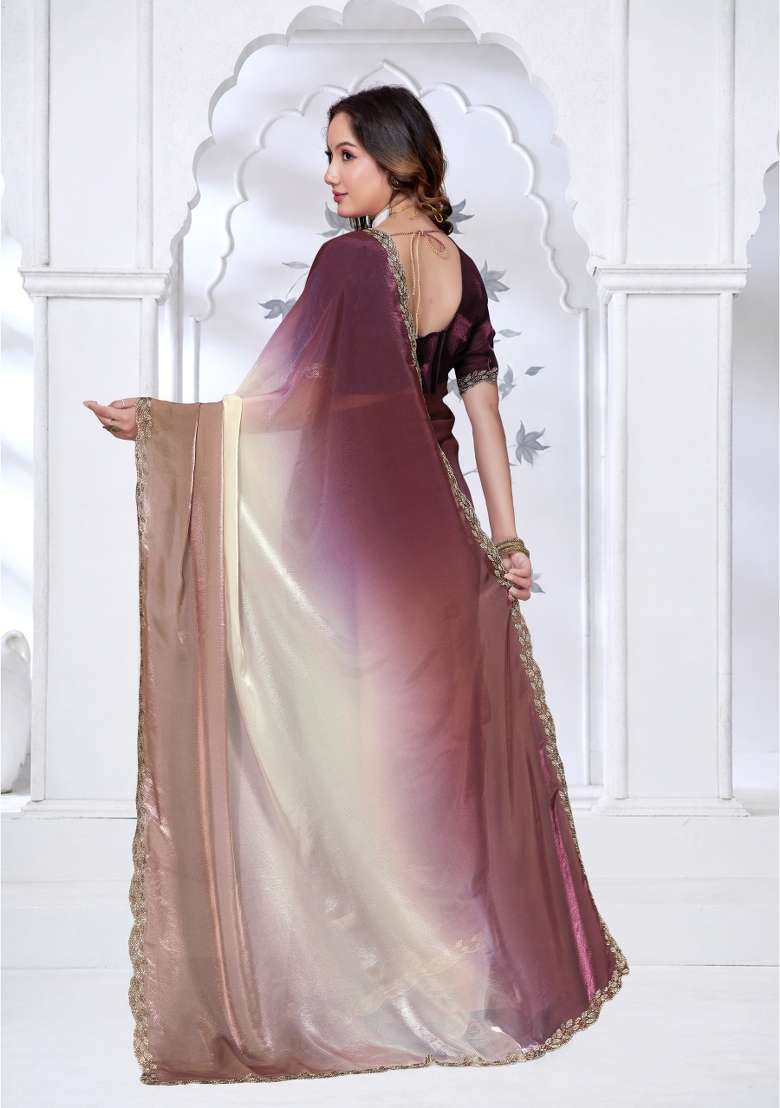 Brown and Wine Silk Blend Saree Set with Hand Work for Diwali | Wedding & Festive Wear - Indya