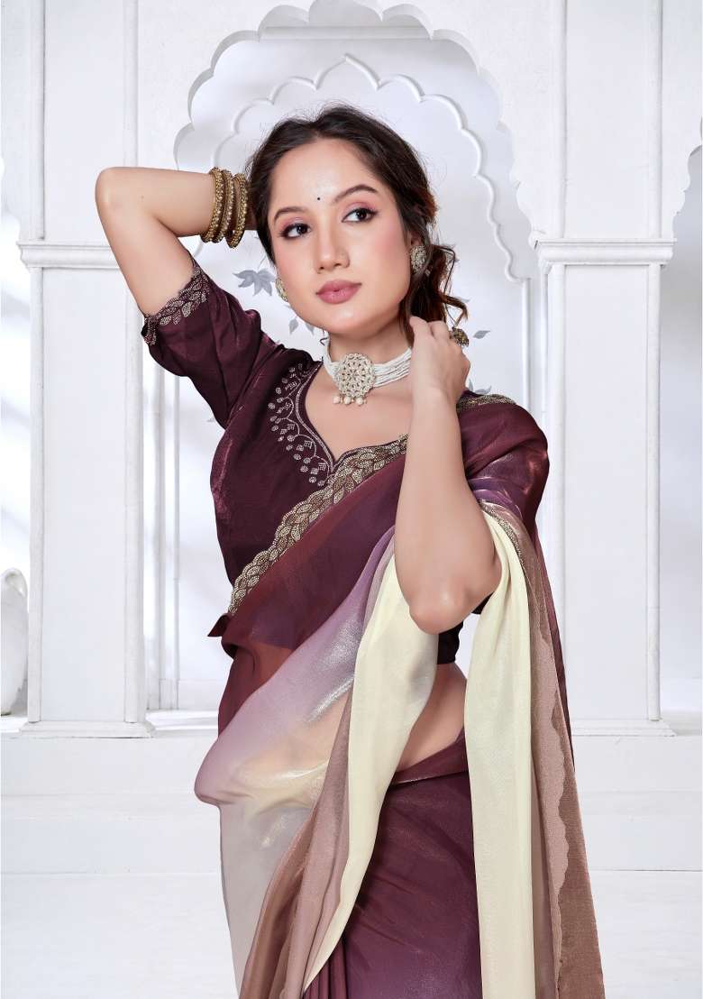 Brown and Wine Silk Blend Saree Set with Hand Work for Diwali | Wedding & Festive Wear - Indya