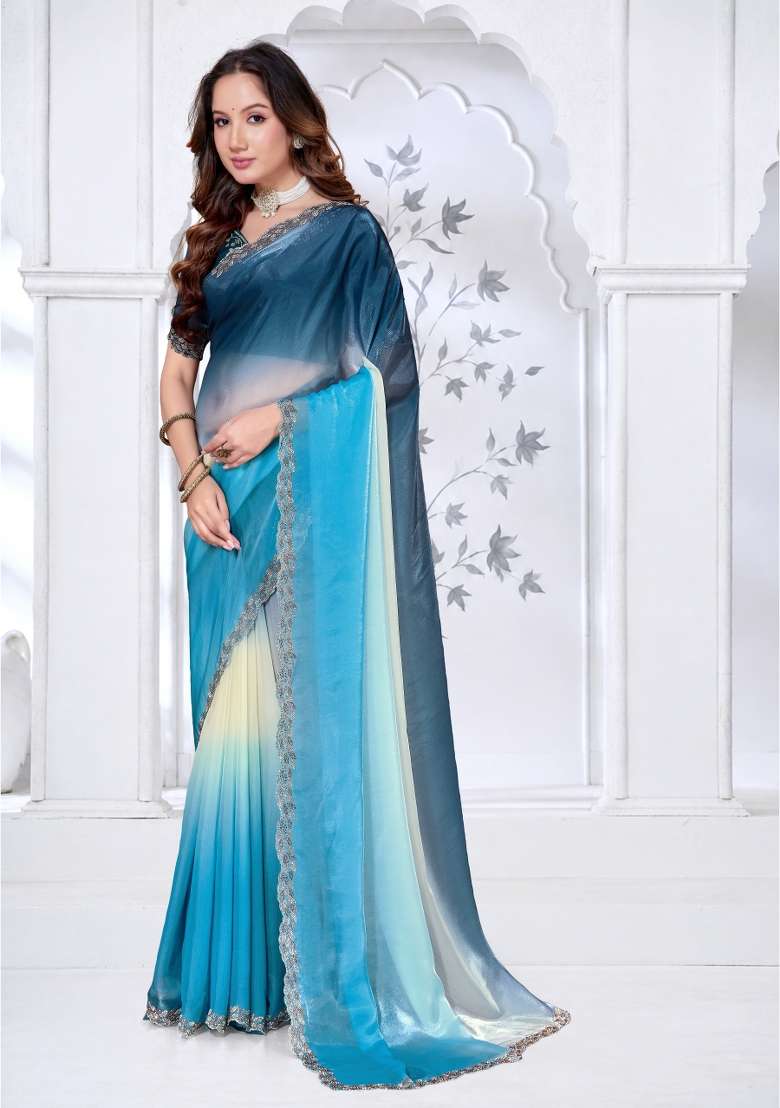 Sky Blue Silk Blend Saree Set with Hand Work for Diwali | Wedding & Festive Wear - Indya