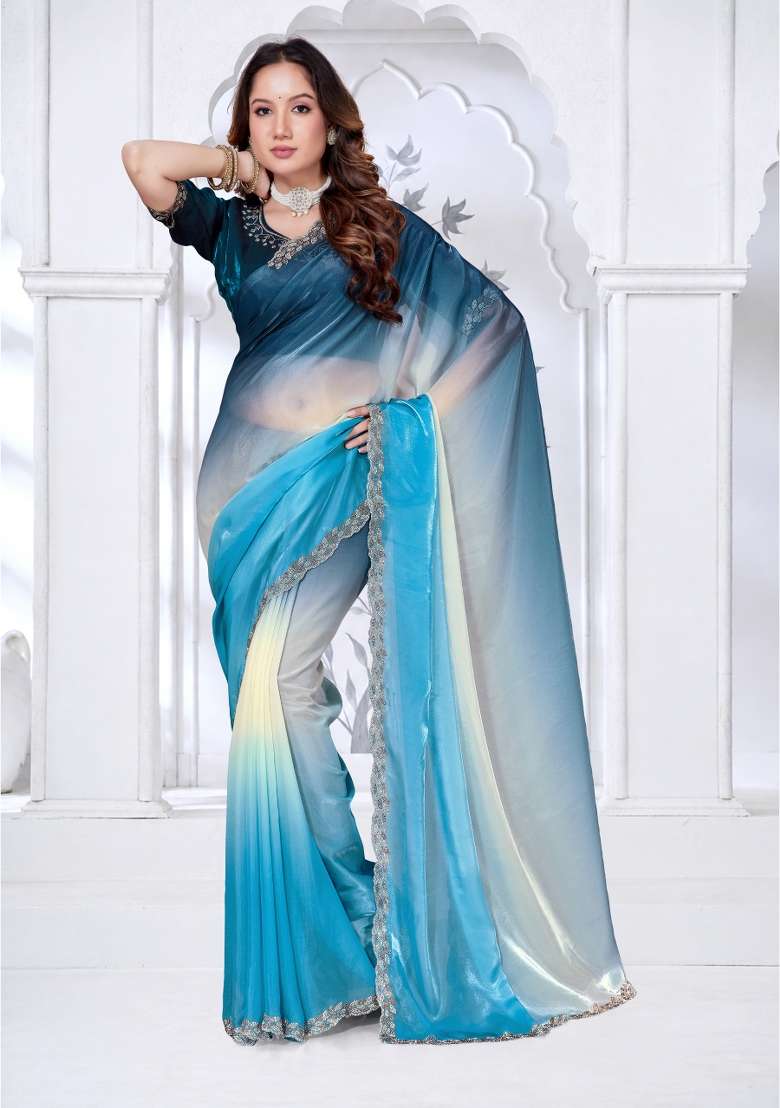 Sky Blue Silk Blend Saree Set with Hand Work for Diwali | Wedding & Festive Wear - Indya