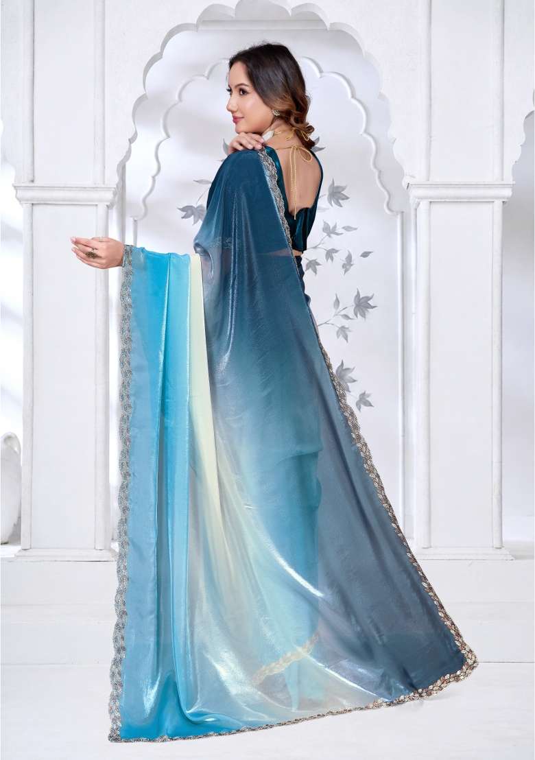Sky Blue Silk Blend Saree Set with Hand Work for Diwali | Wedding & Festive Wear - Indya
