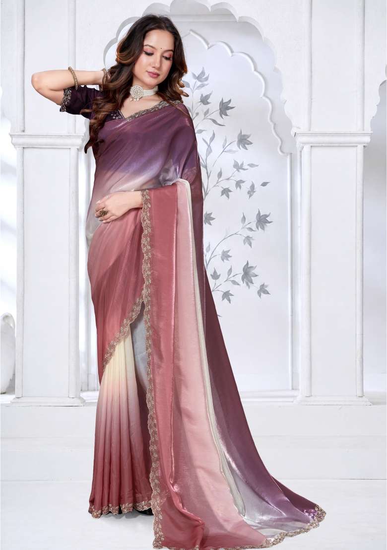 Brown and Wine Silk Blend Saree Set with Hand Work for Diwali | Wedding & Festive Wear - Indya