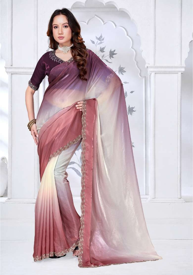 Brown and Wine Silk Blend Saree Set with Hand Work for Diwali | Wedding & Festive Wear - Indya