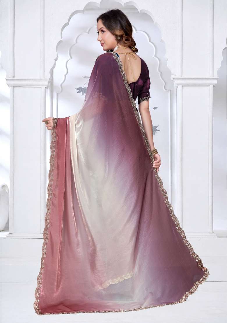 Brown and Wine Silk Blend Saree Set with Hand Work for Diwali | Wedding & Festive Wear - Indya