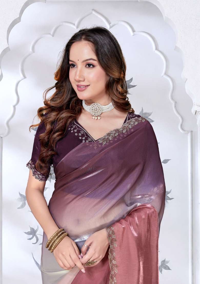 Brown and Wine Silk Blend Saree Set with Hand Work for Diwali | Wedding & Festive Wear - Indya