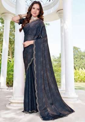 Dark Grey Silk Blend Saree Set with Hand Work for Diwali | Wedding & Festive Wear