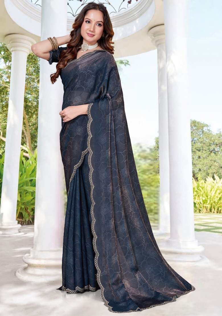 Dark Grey Silk Blend Saree Set with Hand Work for Diwali | Wedding & Festive Wear - Indya