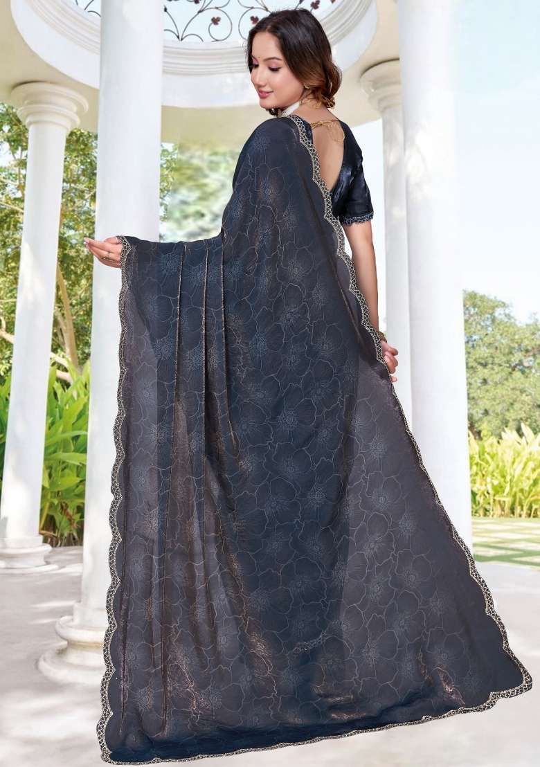 Dark Grey Silk Blend Saree Set with Hand Work for Diwali | Wedding & Festive Wear - Indya