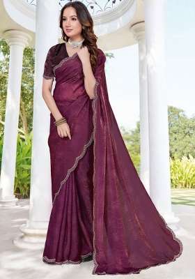Wine Hand Work Silk Blend Saree Set for Diwali and Festive Wear