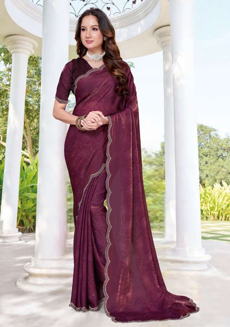 Wine Hand Work Silk Blend Saree Set for Diwali and Festive Wear - Indya
