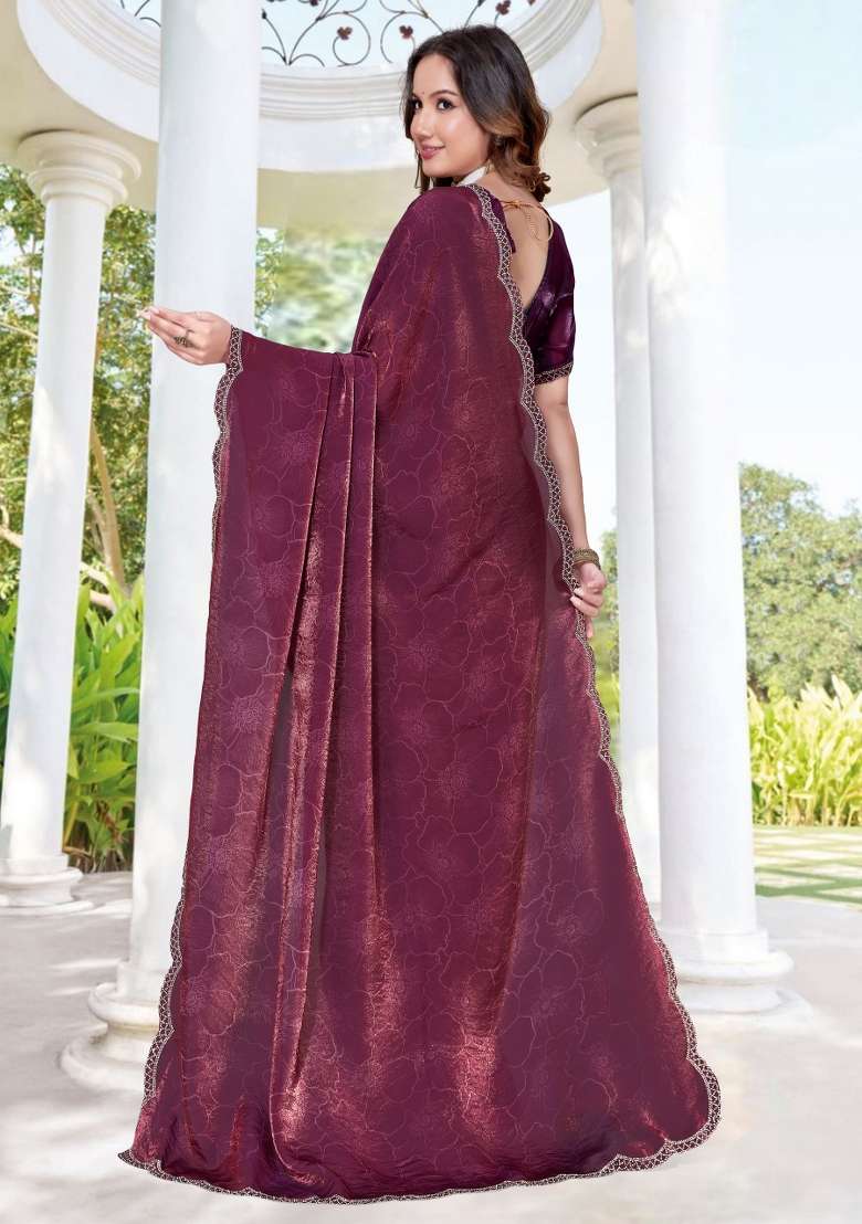 Wine Hand Work Silk Blend Saree Set for Diwali and Festive Wear - Indya