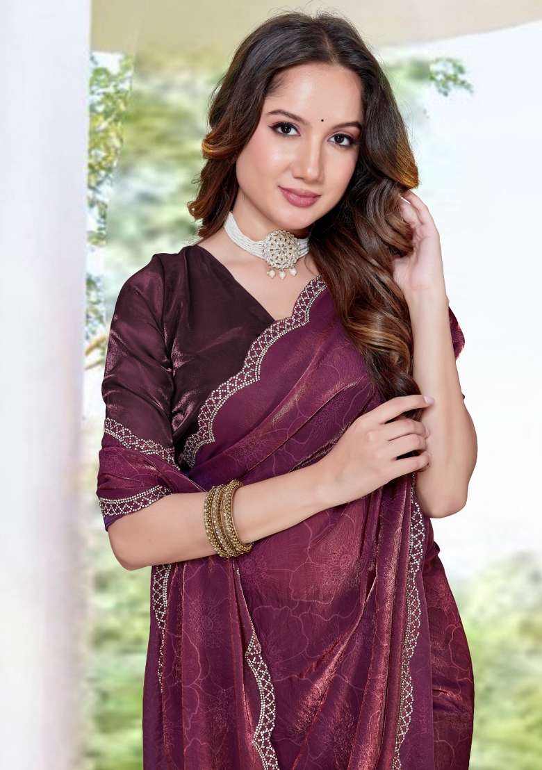 Wine Hand Work Silk Blend Saree Set for Diwali and Festive Wear - Indya