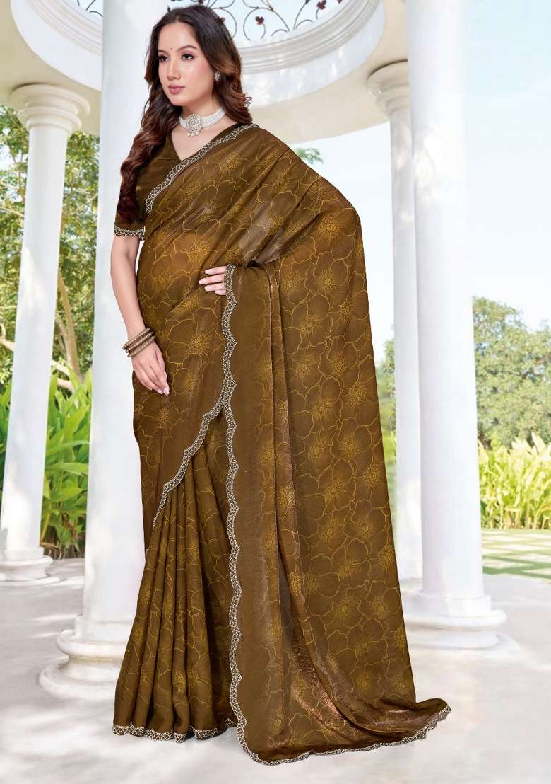 Mehendi Green Hand Work Silk Blend Saree Set for Diwali and Festive Wear - Indya