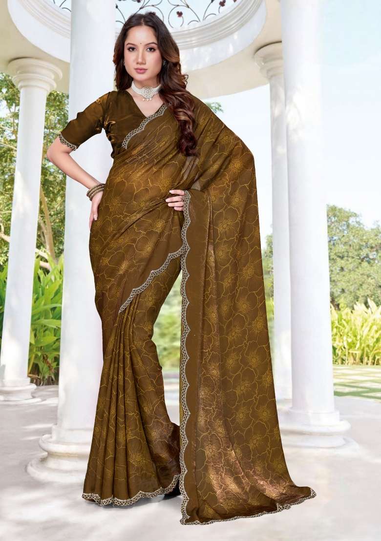 Mehendi Green Hand Work Silk Blend Saree Set for Diwali and Festive Wear - Indya