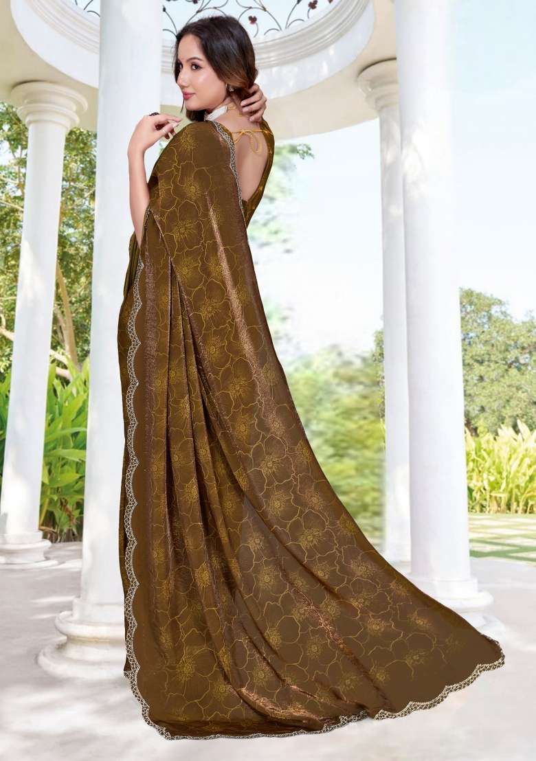 Mehendi Green Hand Work Silk Blend Saree Set for Diwali and Festive Wear - Indya