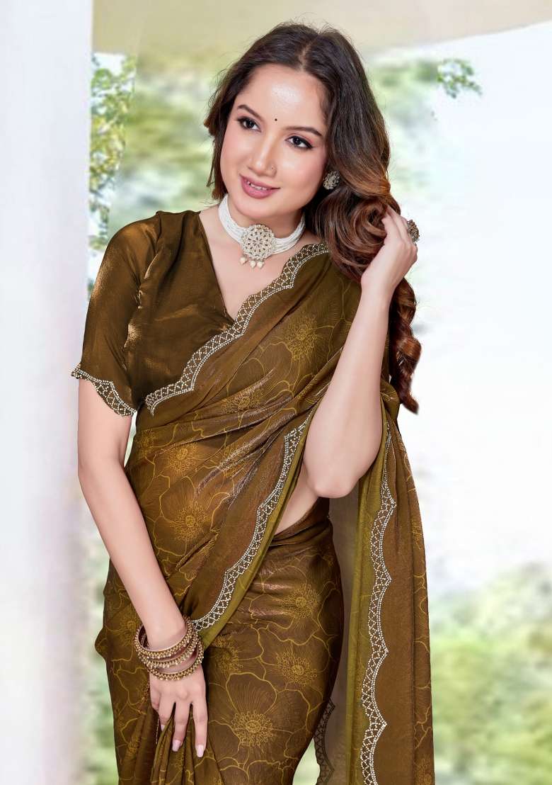 Mehendi Green Hand Work Silk Blend Saree Set for Diwali and Festive Wear - Indya