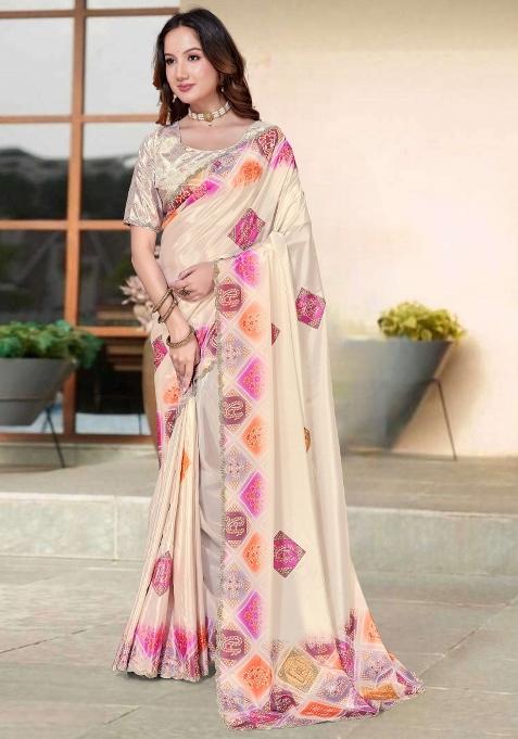 Cream Silk Blend Saree Set with Hand Work for Diwali | Wedding & Festive Wear