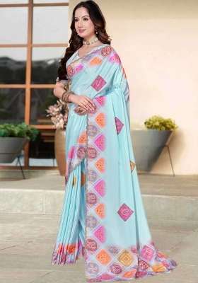 Sky Blue Silk Blend Saree Set with Hand Work for Diwali | Wedding & Festive Wear