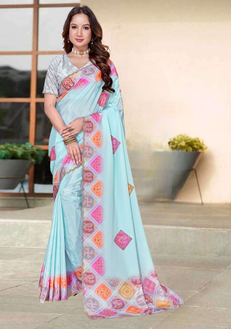 Sky Blue Silk Blend Saree Set with Hand Work for Diwali | Wedding & Festive Wear - Indya