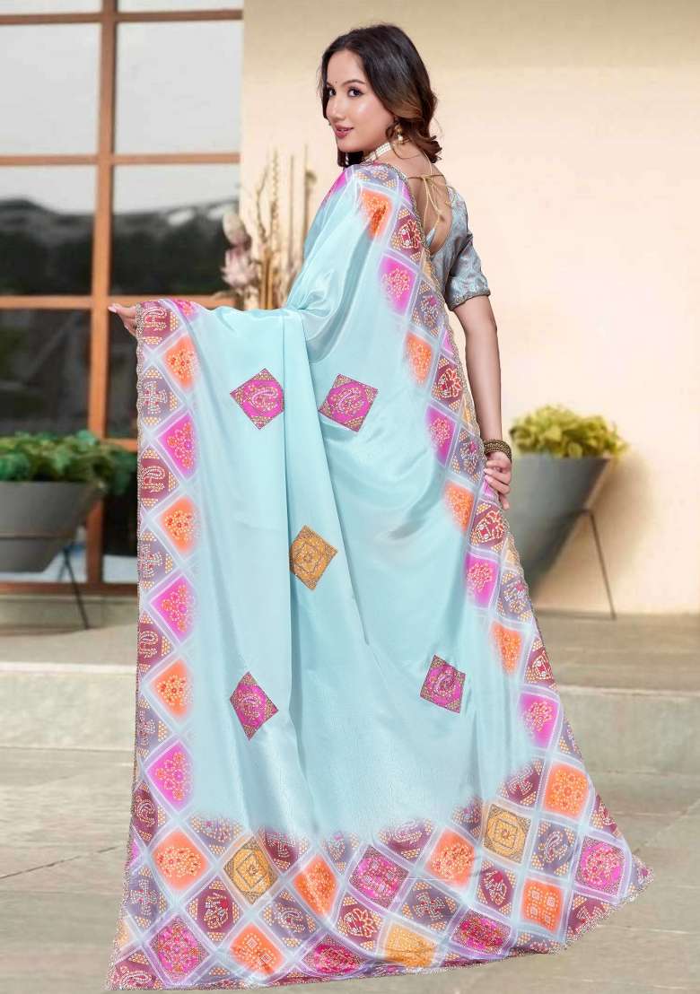 Sky Blue Silk Blend Saree Set with Hand Work for Diwali | Wedding & Festive Wear - Indya