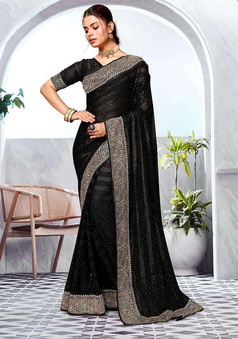 Black Silk Blend Saree Set with Embroidered for Diwali | Wedding & Festive Wear - Indya