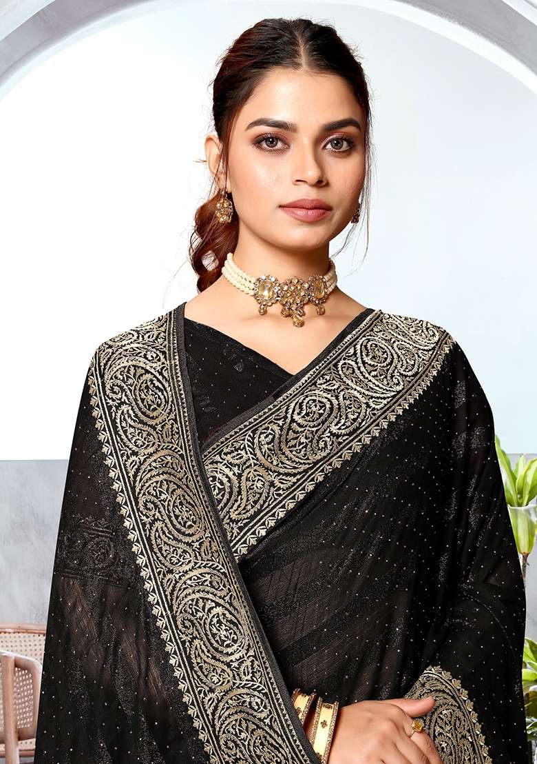 Black Silk Blend Saree Set with Embroidered for Diwali | Wedding & Festive Wear - Indya