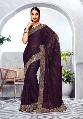 Purple Silk Blend Saree Set with Embroidered for Diwali | Wedding & Festive Wear