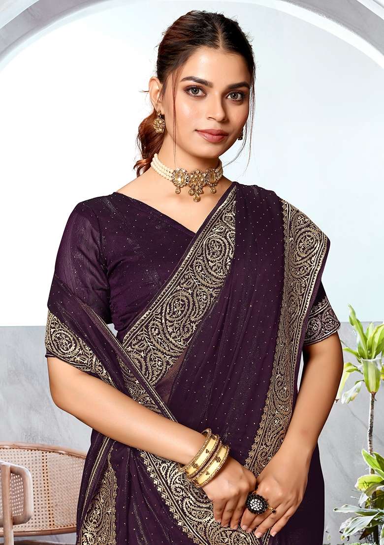 Purple Silk Blend Saree Set with Embroidered for Diwali | Wedding & Festive Wear - Indya