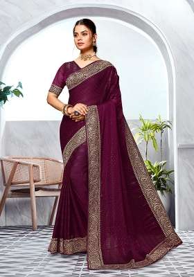 Wine Embroidered Silk Blend Saree Set for Diwali and Festive Wear