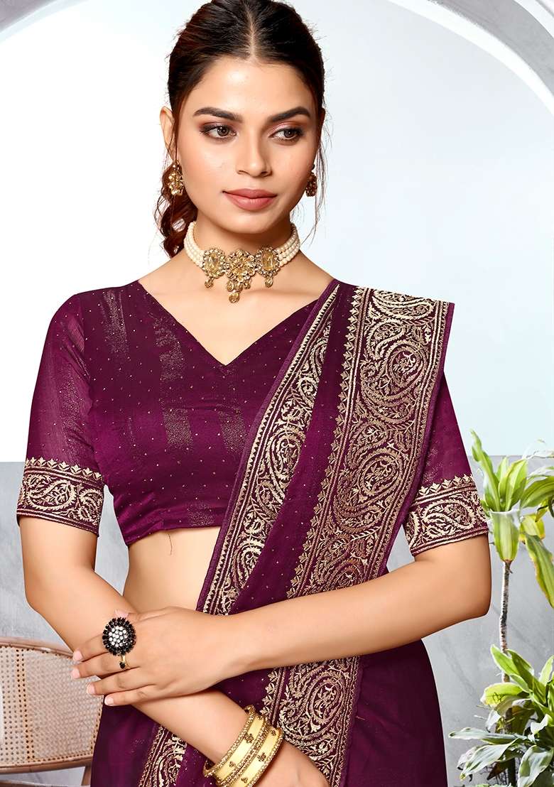 Wine Embroidered Silk Blend Saree Set for Diwali and Festive Wear - Indya