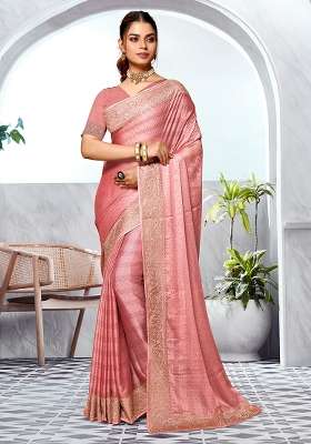 Peach Silk Blend Saree Set with Embroidered for Diwali | Wedding & Festive Wear