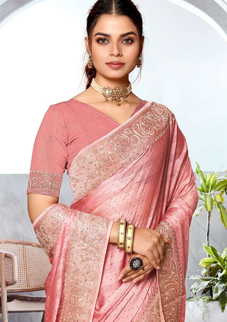 Peach Silk Blend Saree Set with Embroidered for Diwali | Wedding & Festive Wear - Indya