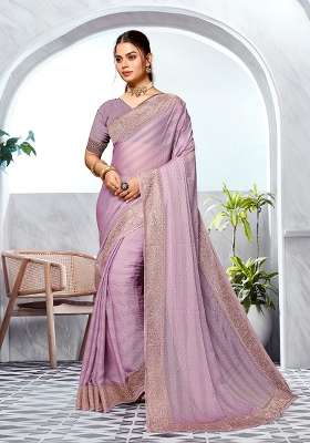 Lavender Embroidered Silk Blend Saree Set for Diwali and Festive Wear