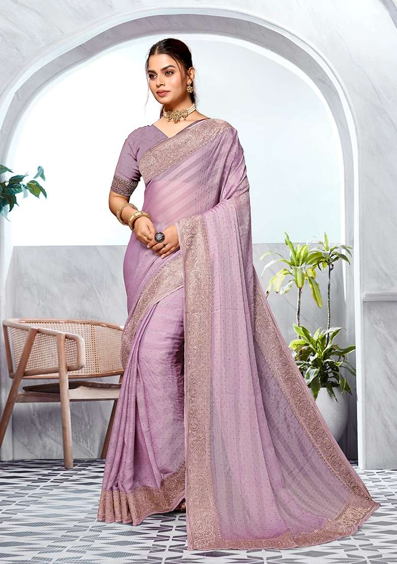 Lavender Embroidered Silk Blend Saree Set for Diwali and Festive Wear - Indya
