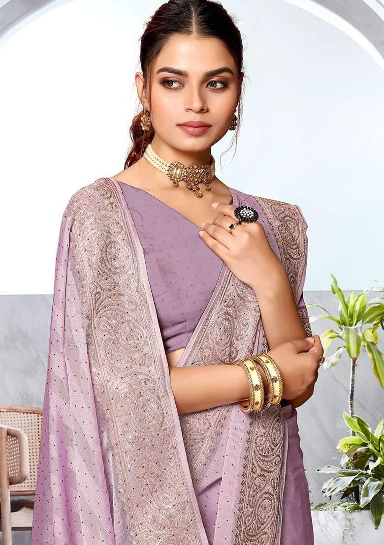 Lavender Embroidered Silk Blend Saree Set for Diwali and Festive Wear - Indya